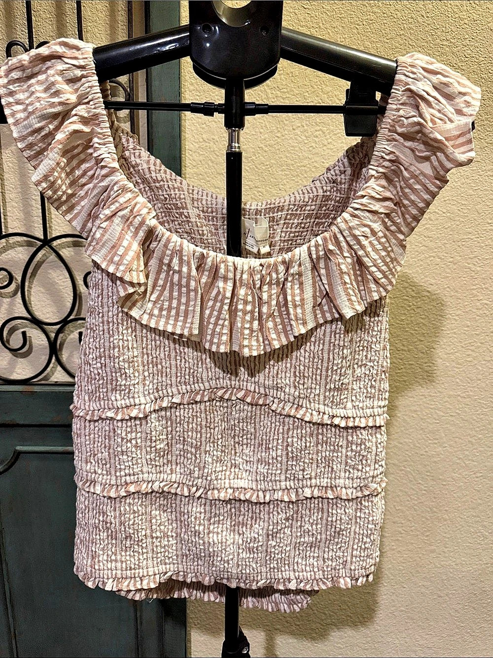 Anthropologie Striped Ruffle Tie-Back Smocked Top Pink & White XL